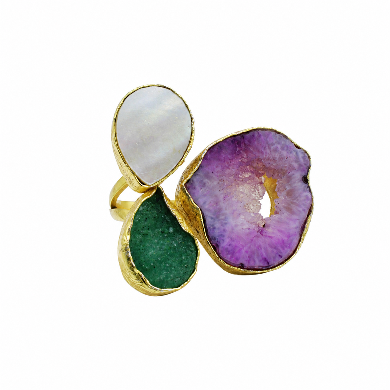 Anillo 3 piedras semipreciosas rosa, verde, blanca - bañado en oro