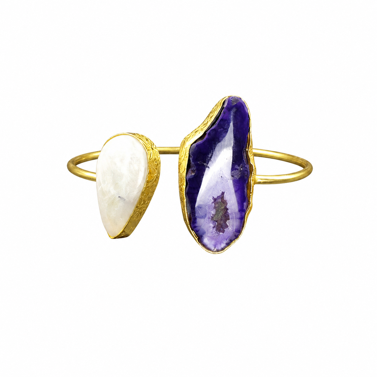 Brazalete 2 piedras cuarzo ágata púrpura y piedra lunar bañado en oro