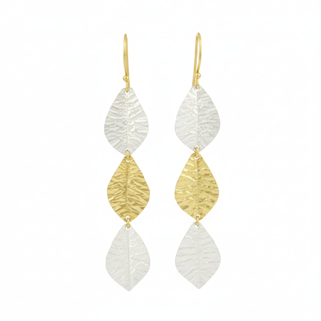 THREE LEAVES earrings, gold and silver plated