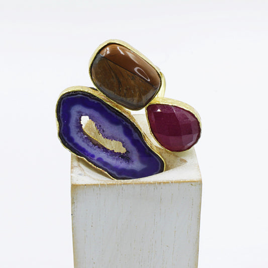 Anillo 3 piedras semipreciosas - bañado en oro