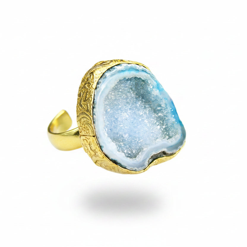 Anillo bañado en oro y piedra cuarzo ágata azul celeste - baño de oro