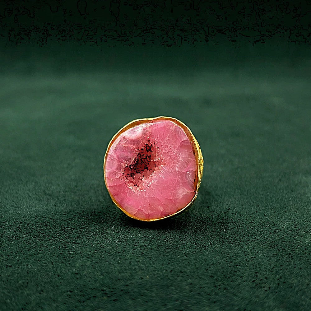 Anillo bañado en oro y piedra cuarzo ágata rosa - baño de oro