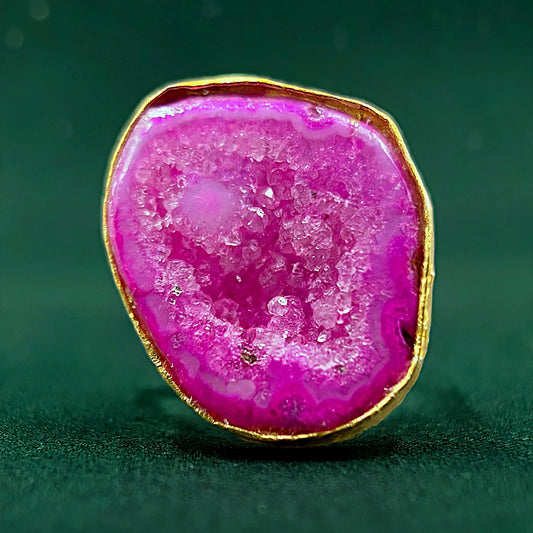 Anillo bañado en oro y piedra cuarzo ágata rosa intenso - baño de oro