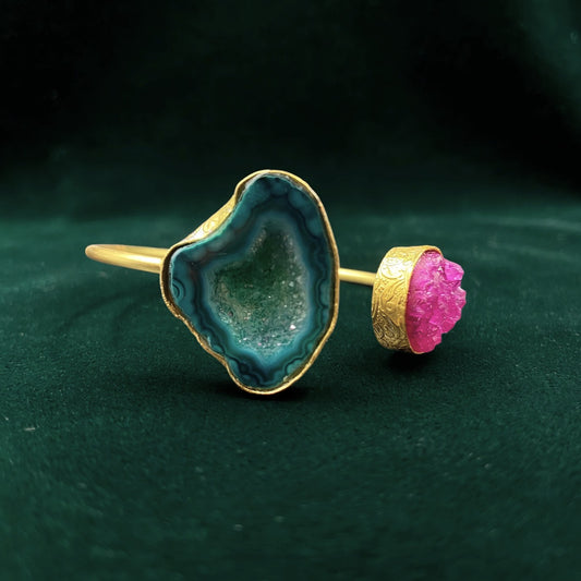Brazalete 2 piedras cuarzo ágata rosa intenso y verde - Bañado en oro