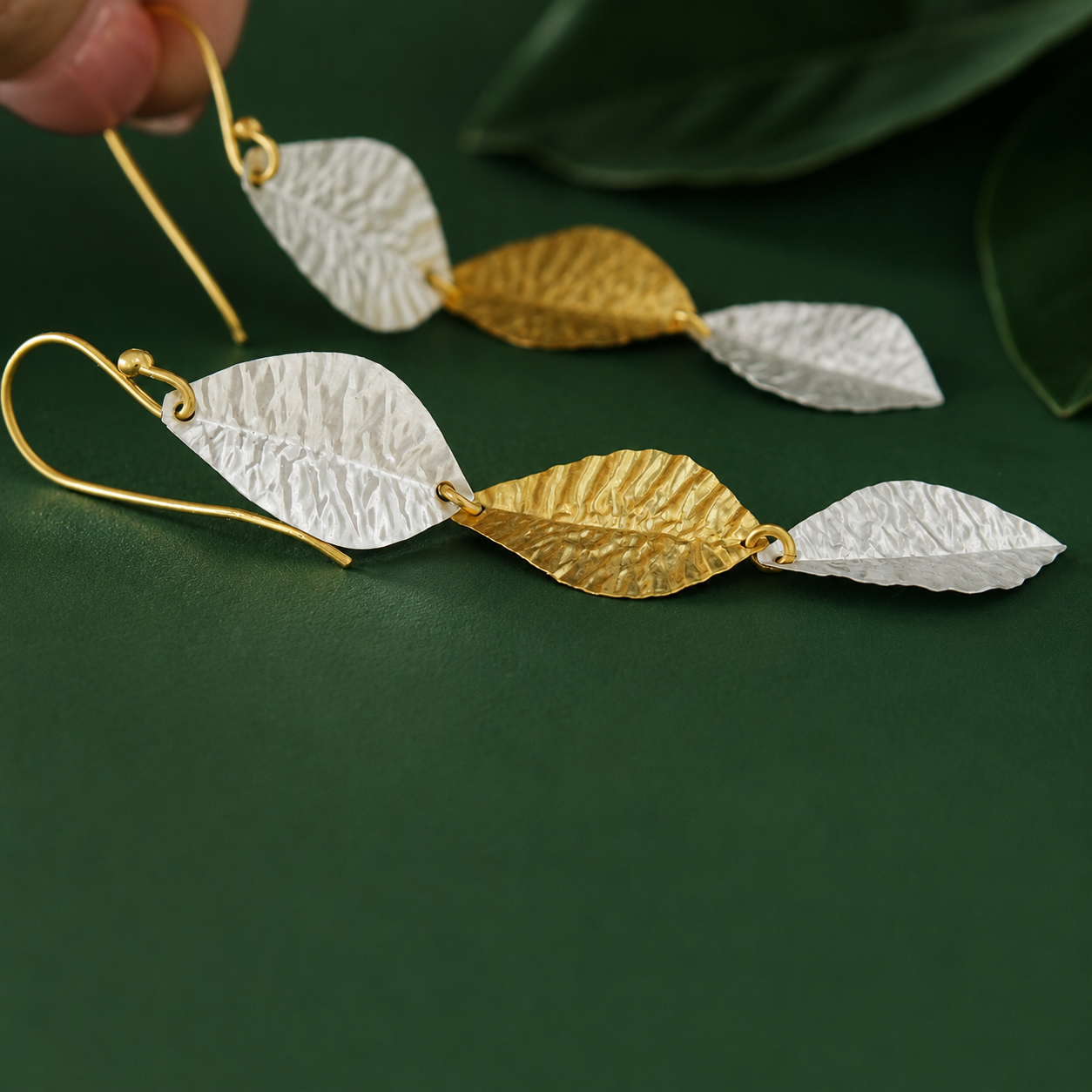THREE LEAVES earrings, gold and silver plated