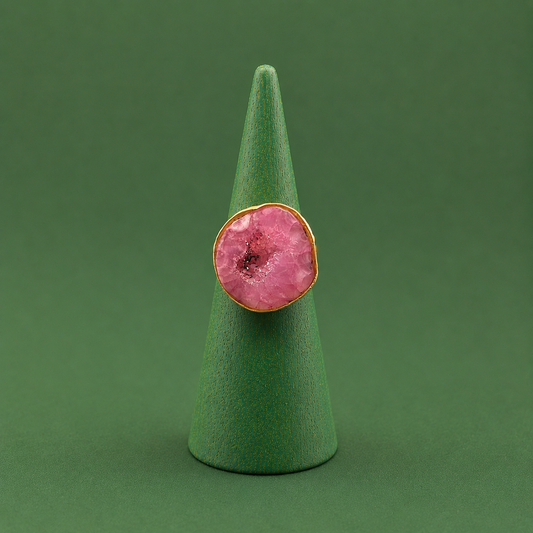 Anillo bañado en oro y piedra cuarzo ágata rosa - baño de oro