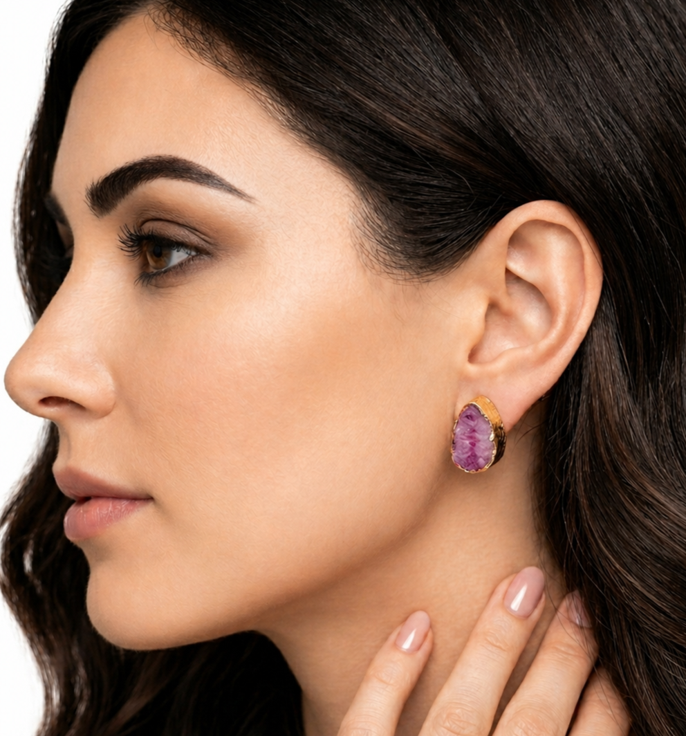 Pendientes de piedra semipreciosa cuarzo ágata rosada bañados en oro