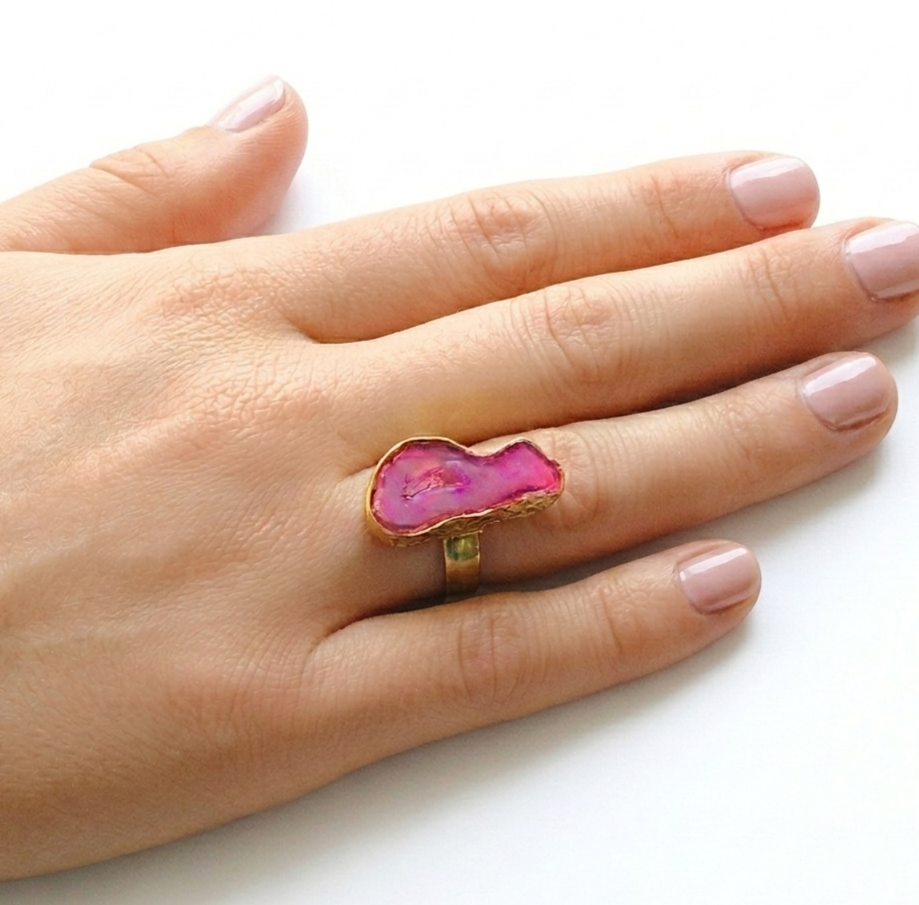 Anillo bañado en oro y piedra cuarzo ágata azul rosa - baño de oro