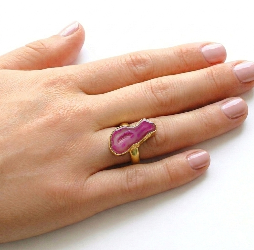 Anillo bañado en oro y piedra cuarzo ágata azul rosa - baño de oro