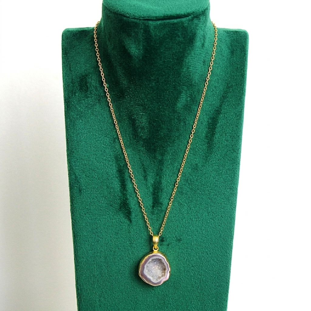 Cadena con piedra semipreciosa - cuarzo ágata gris lila