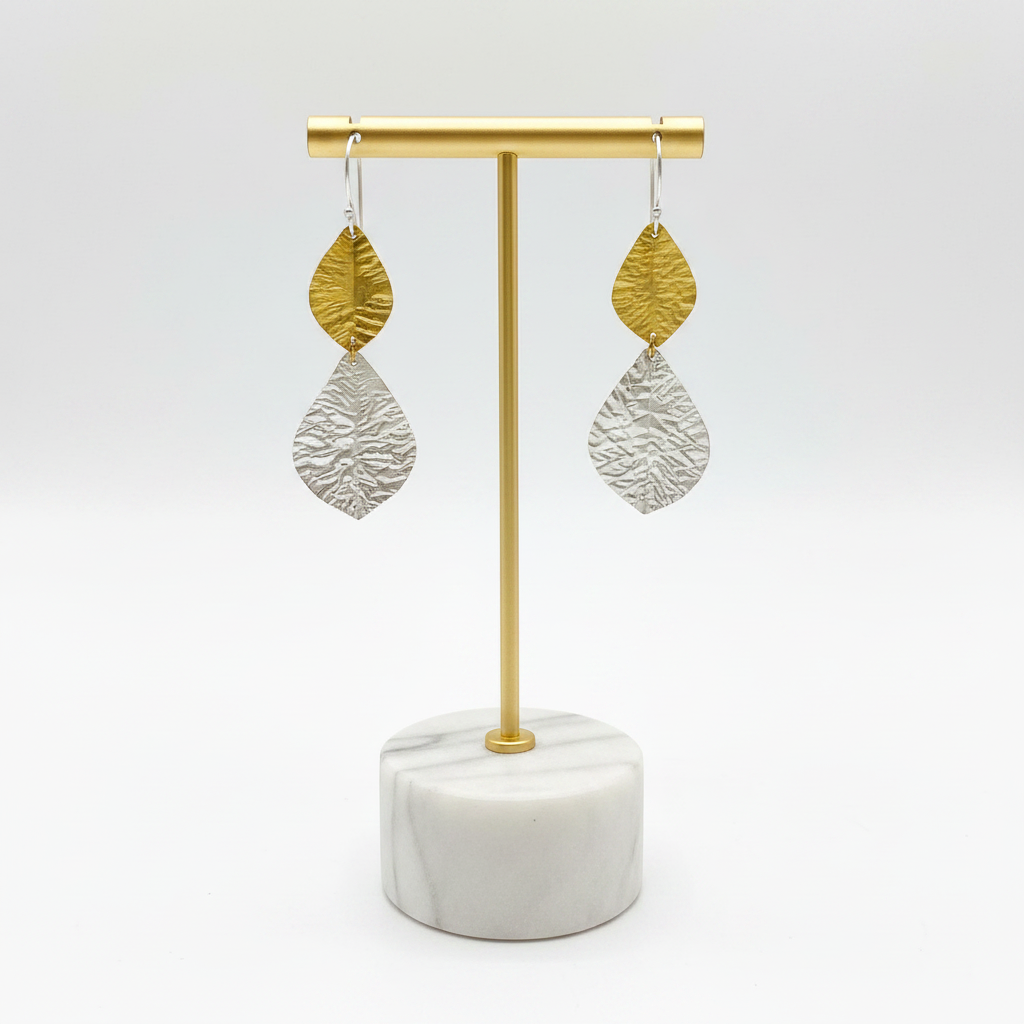 Pendientes dos hojas en baño de oro y plata
