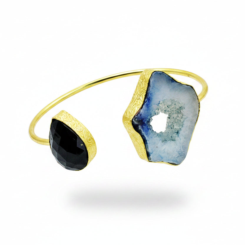 Brazalete 2 piedras celeste y negra - onix y cuarzo ágata bañado en oro