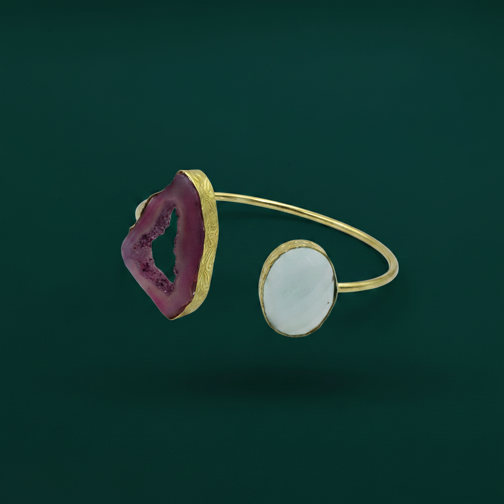 Brazalete 2 piedras rosa y celeste - calcedonia y cuarzo ágata bañado en oro