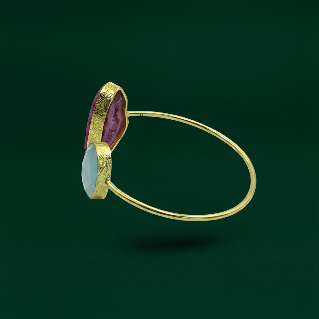 Brazalete 2 piedras rosa y celeste - calcedonia y cuarzo ágata bañado en oro