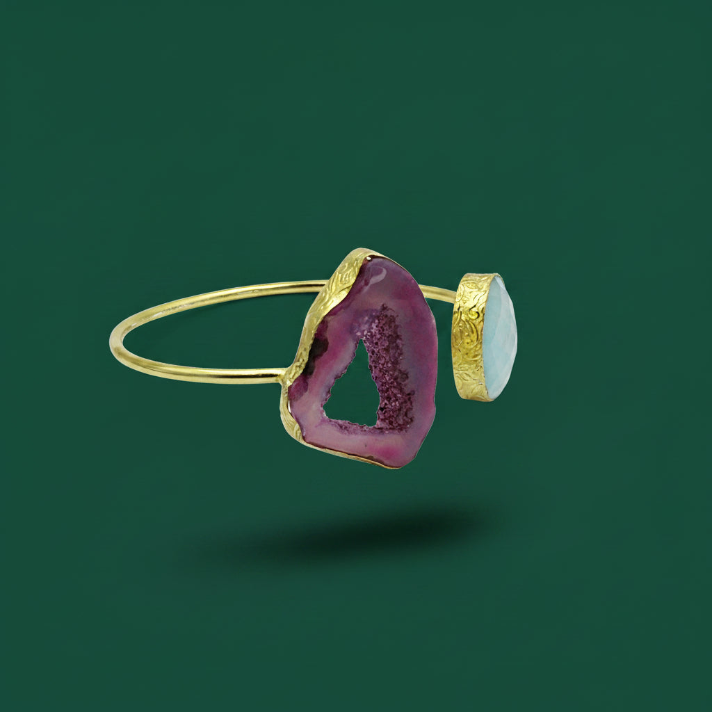 Brazalete 2 piedras rosa y celeste - calcedonia y cuarzo ágata bañado en oro