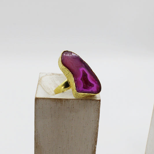 Anillo 1 piedra rosa - cuarzo ágata bañado en oro