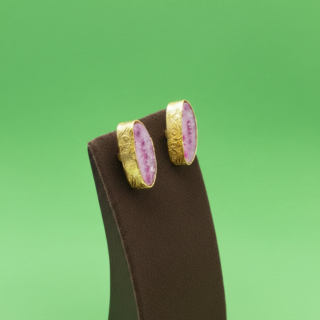 Pendientes de piedra semipreciosa cuarzo ágata rosada bañados en oro