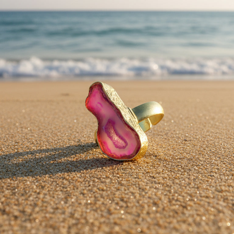 Anillo bañado en oro y piedra cuarzo ágata azul rosa - baño de oro