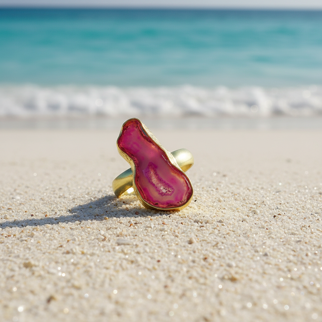 Anillo bañado en oro y piedra cuarzo ágata azul rosa - baño de oro