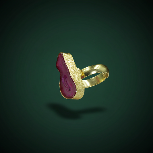 Anillo bañado en oro y piedra cuarzo ágata azul rosa - baño de oro