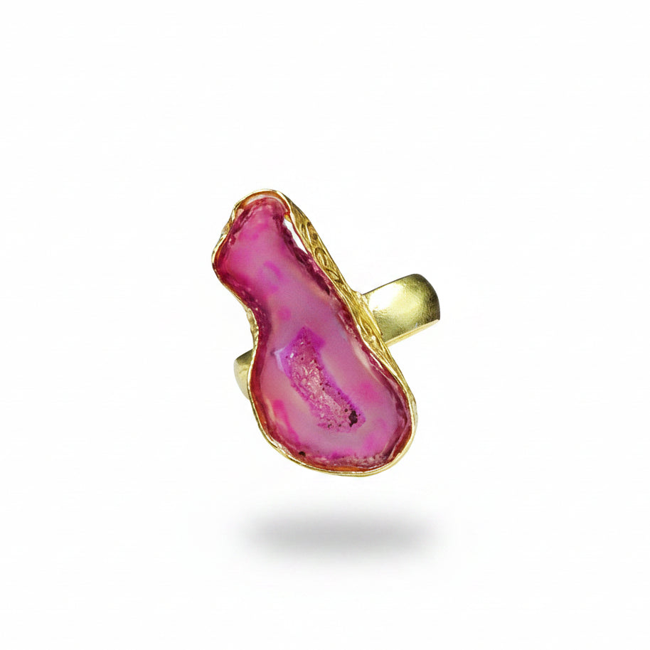 Anillo bañado en oro y piedra cuarzo ágata azul rosa - baño de oro