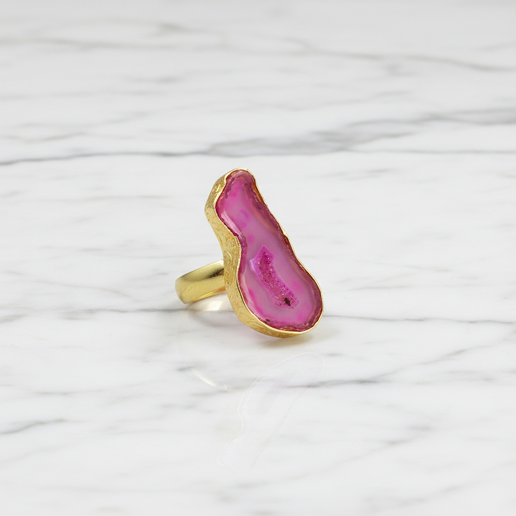 Anillo bañado en oro y piedra cuarzo ágata azul rosa - baño de oro