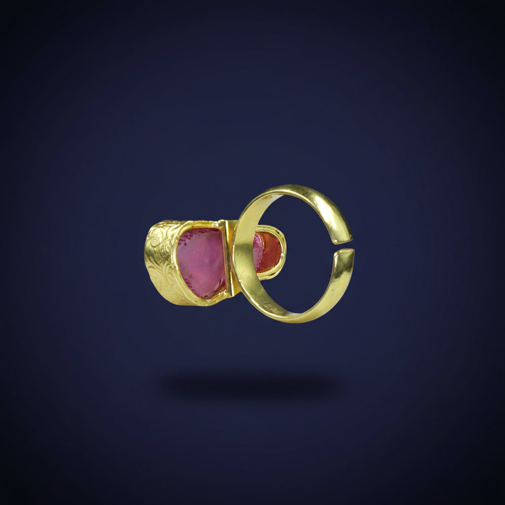 Anillo bañado en oro y piedra cuarzo ágata azul rosa - baño de oro