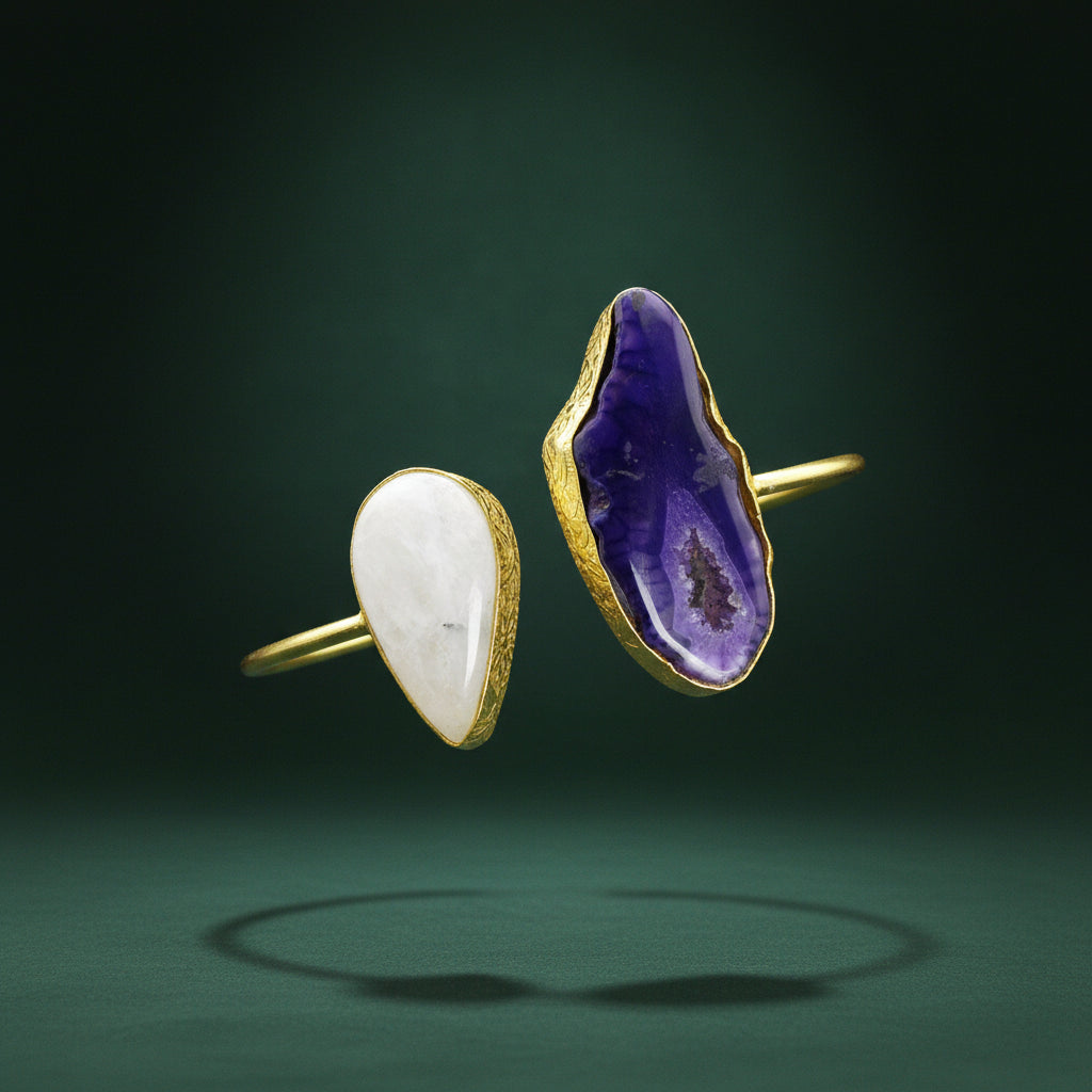 Brazalete 2 piedras cuarzo ágata púrpura y piedra lunar bañado en oro