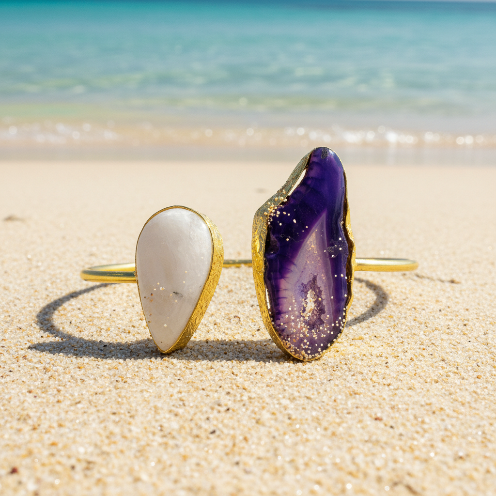 Brazalete 2 piedras cuarzo ágata púrpura y piedra lunar bañado en oro