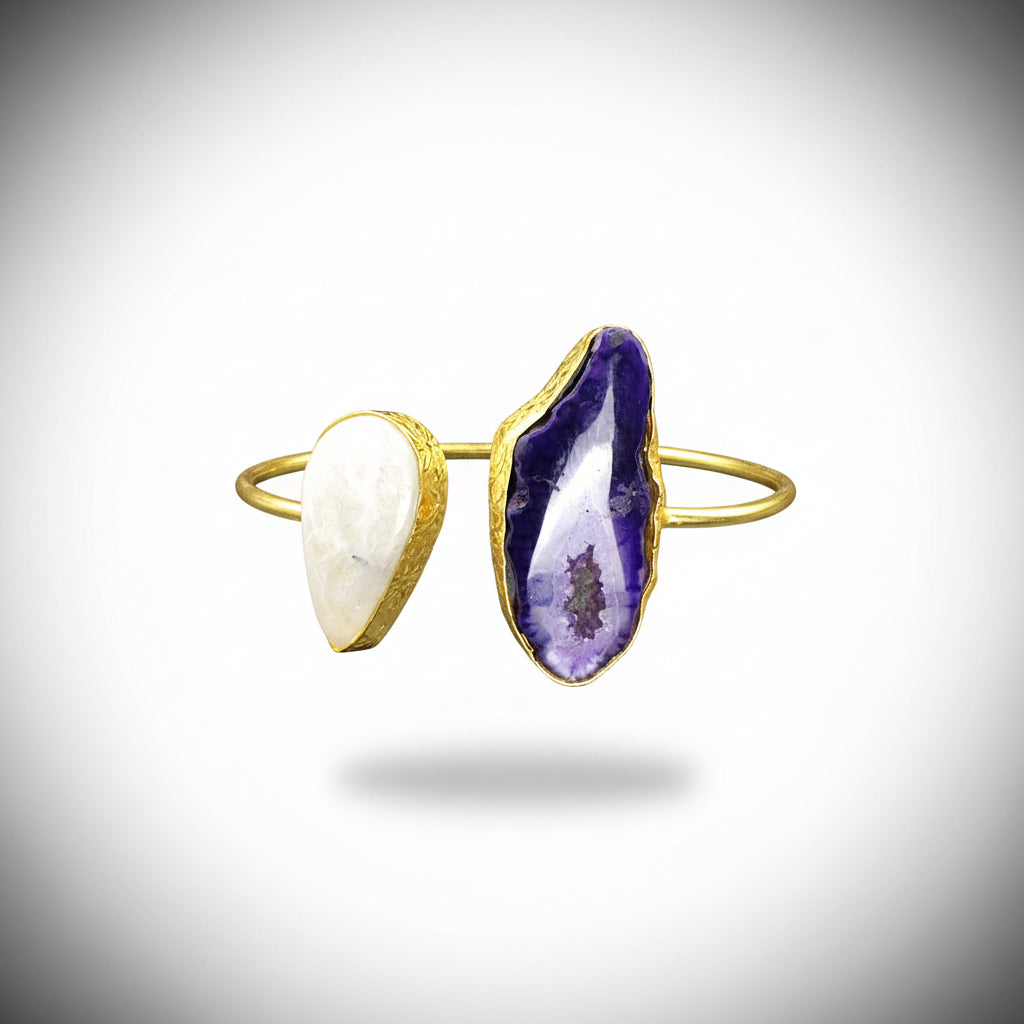 Brazalete 2 piedras cuarzo ágata púrpura y piedra lunar bañado en oro