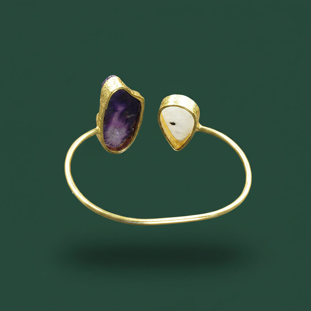 Brazalete 2 piedras cuarzo ágata púrpura y piedra lunar bañado en oro
