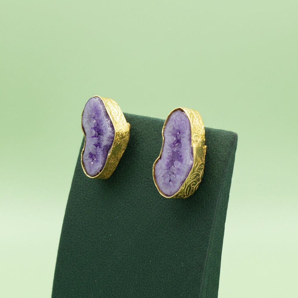 Pendientes de piedra semipreciosa cuarzo ágata púrpura bañados en oro