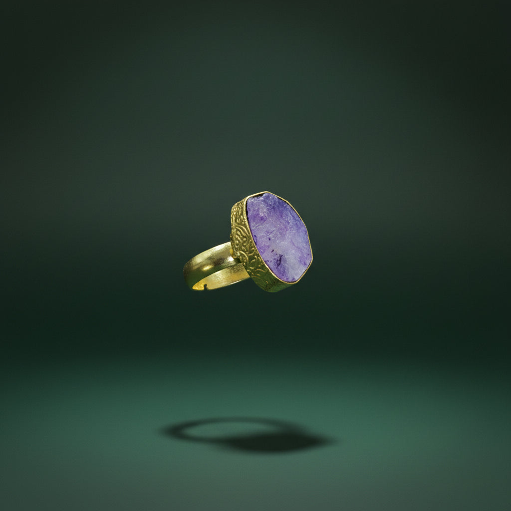 Anillo bañado en oro y piedra cuarzo ágata púrpura - baño de oro
