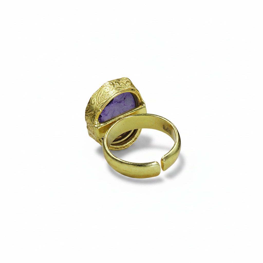 Anillo bañado en oro y piedra cuarzo ágata púrpura - baño de oro