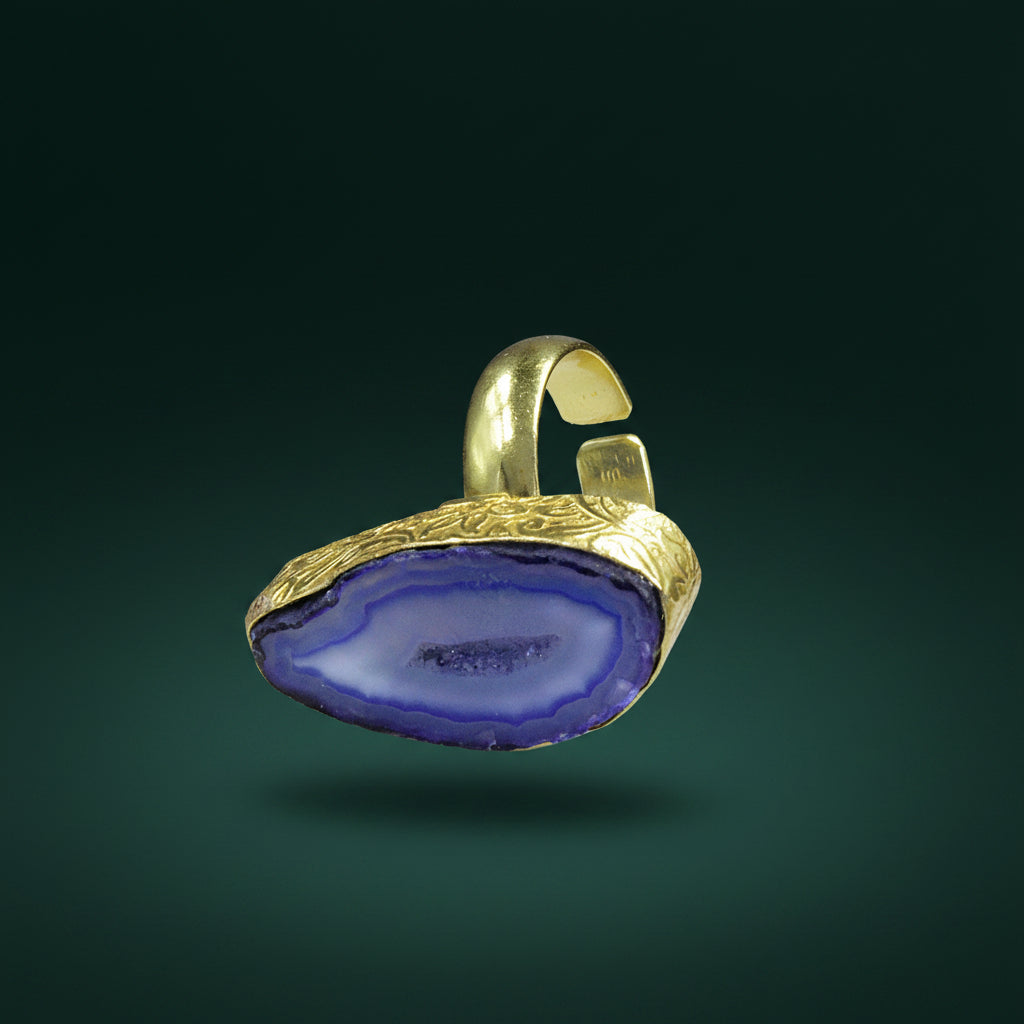 Anillo bañado en oro y piedra cuarzo ágata azul - baño de oro
