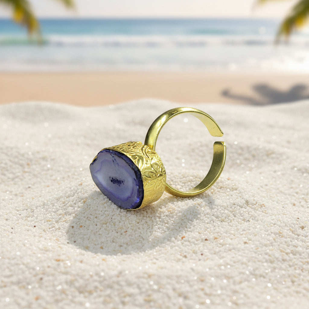 Anillo bañado en oro y piedra cuarzo ágata azul - baño de oro