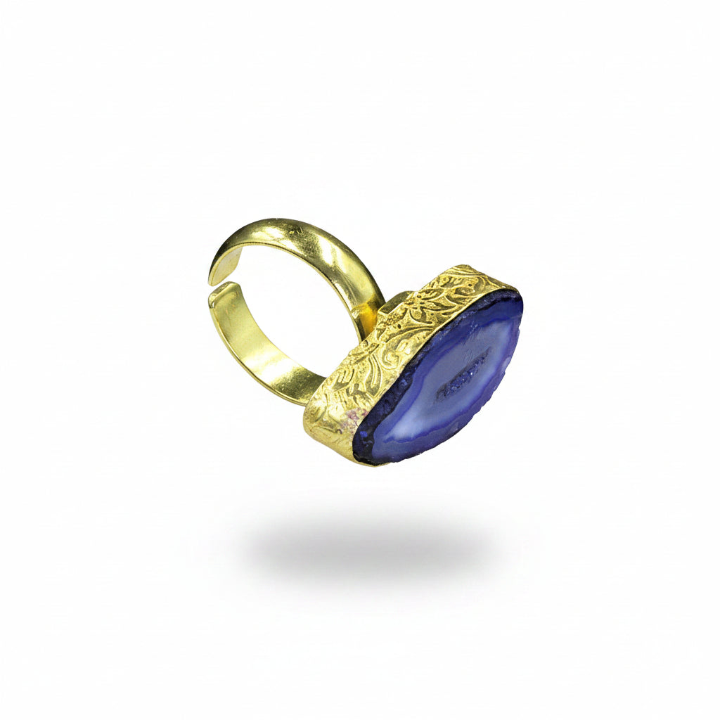 Anillo bañado en oro y piedra cuarzo ágata azul - baño de oro