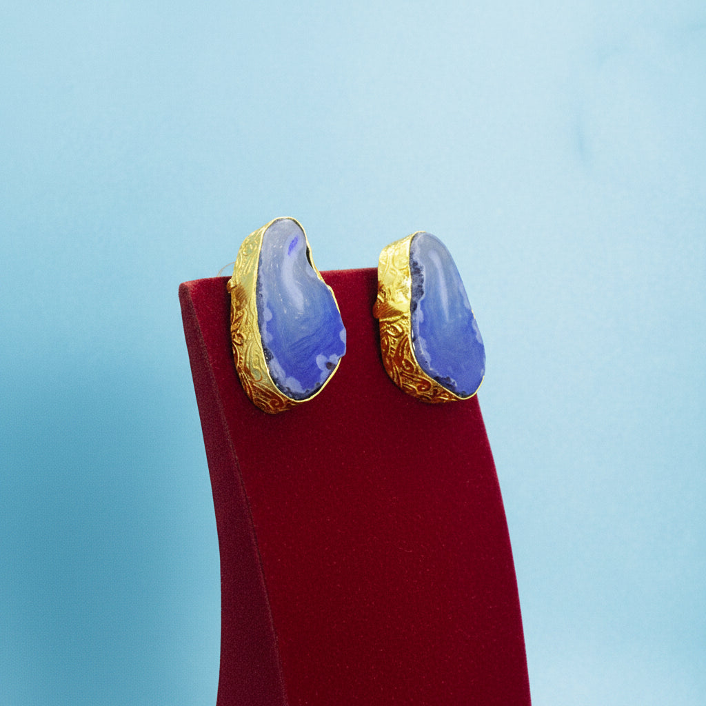 Pendientes de piedra semipreciosa cuarzo ágata azul bañados en oro