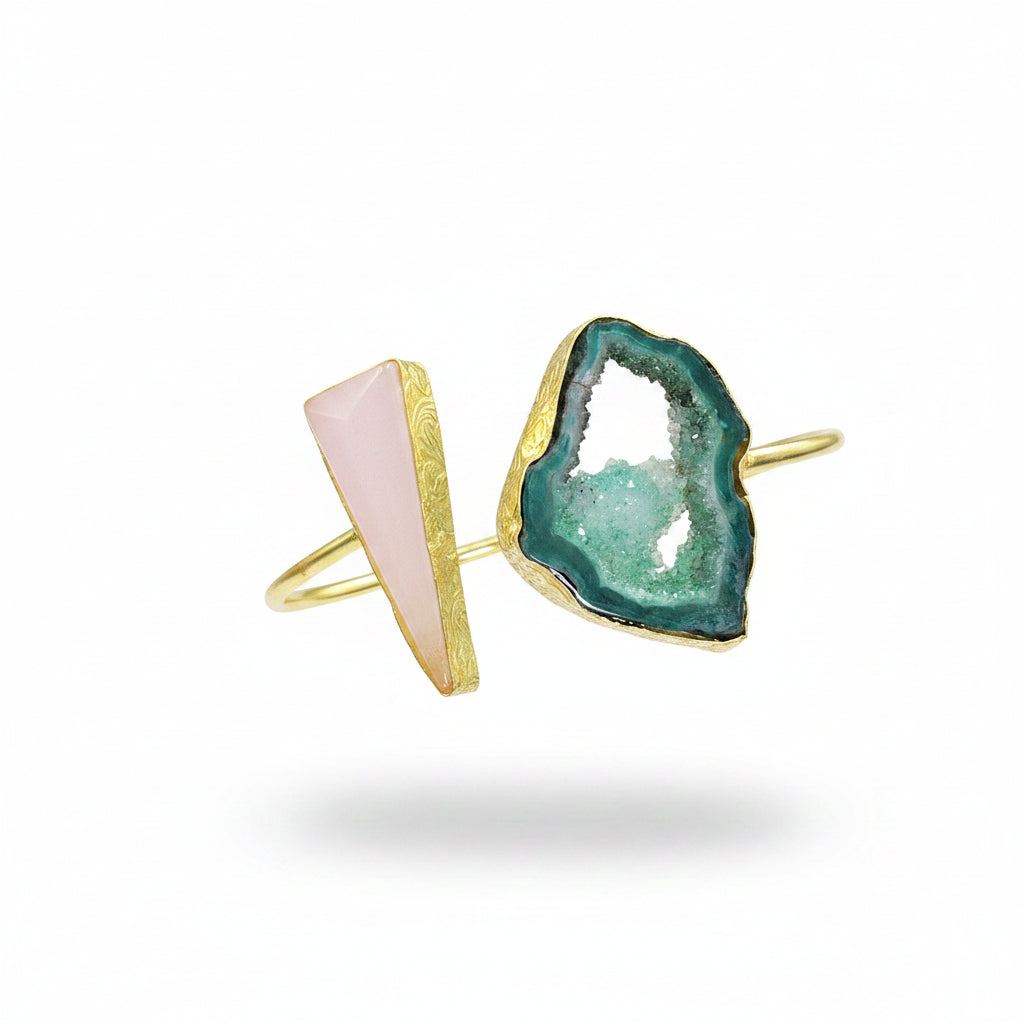 Brazalete 2 piedras cuarzo ágata rosa verde bañado en oro