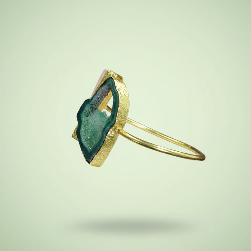 Brazalete 2 piedras cuarzo ágata rosa verde bañado en oro