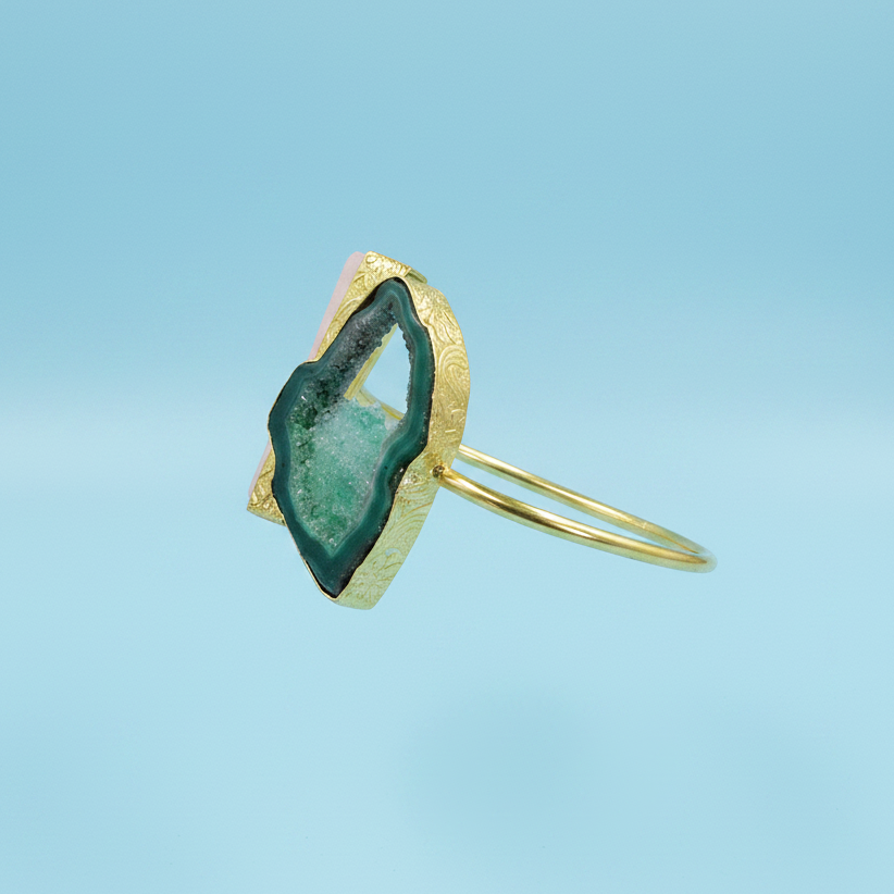 Brazalete 2 piedras cuarzo ágata rosa verde bañado en oro