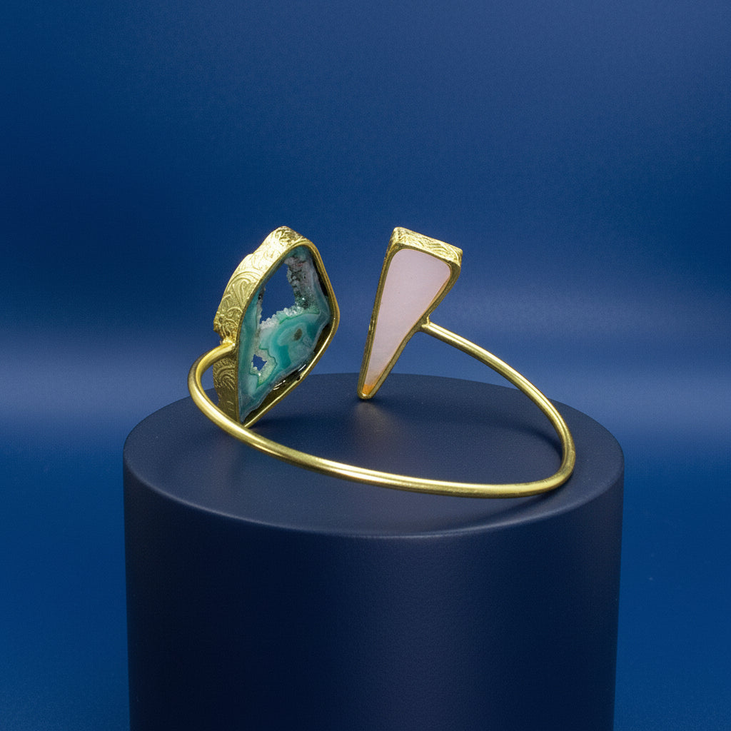 Brazalete 2 piedras cuarzo ágata rosa verde bañado en oro