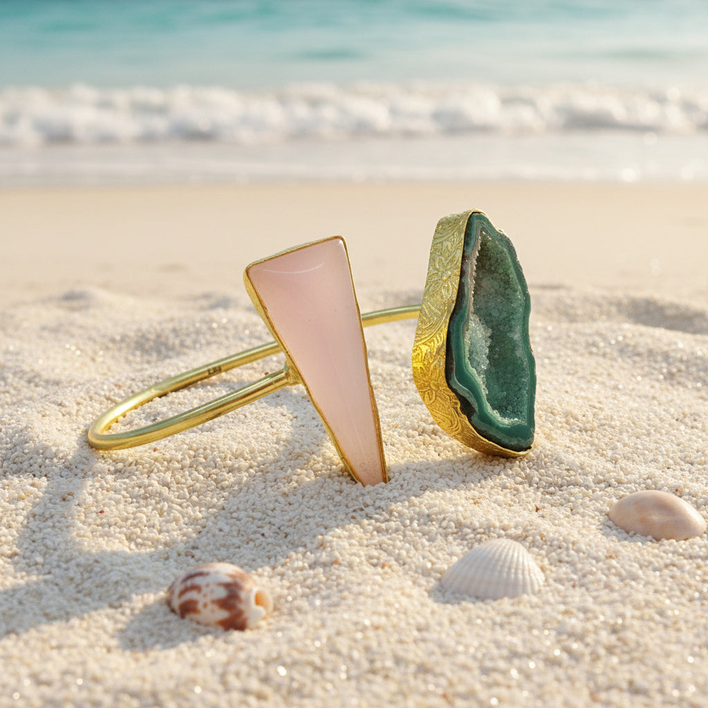Brazalete 2 piedras cuarzo ágata rosa verde bañado en oro