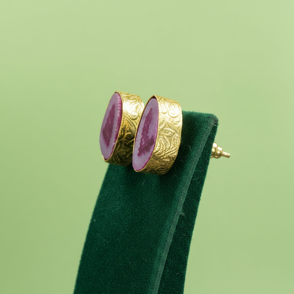 Pendientes de piedra semipreciosa cuarzo ágata rosa bañados en oro