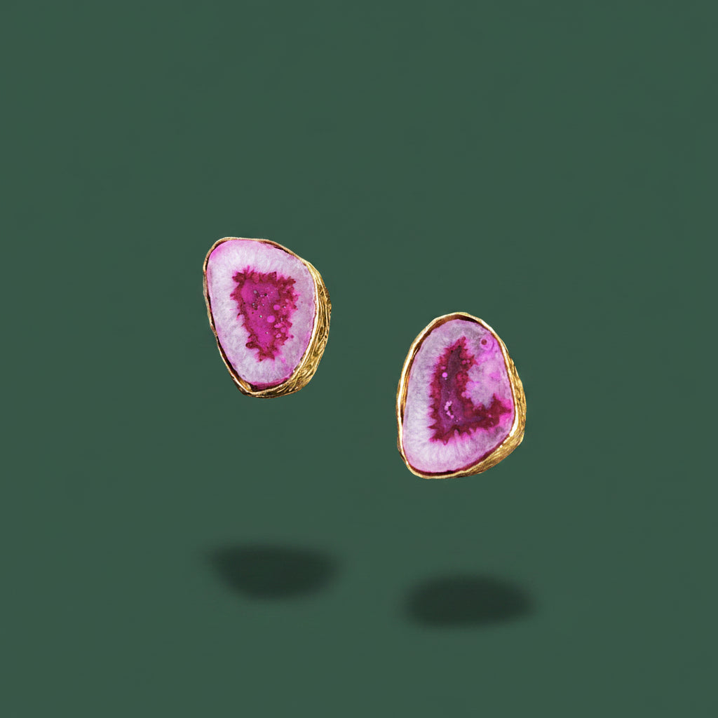 Pendientes de piedra semipreciosa cuarzo ágata rosa bañados en oro