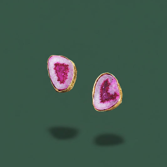 Pendientes de piedra semipreciosa cuarzo ágata rosa bañados en oro