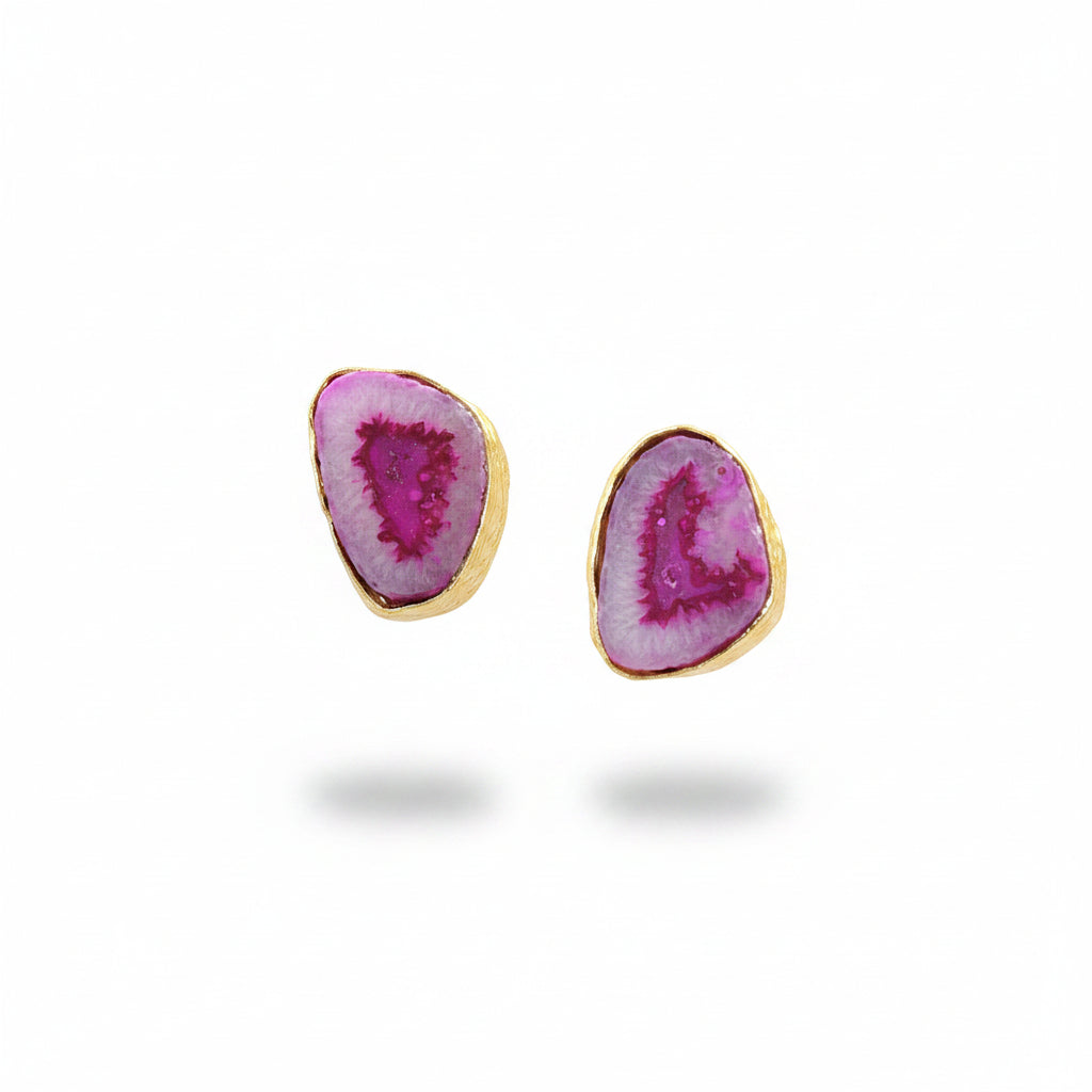 Pendientes de piedra semipreciosa cuarzo ágata rosa bañados en oro