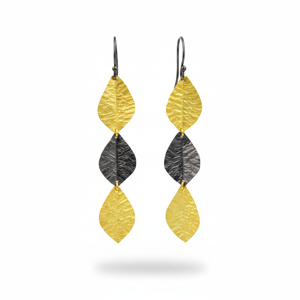 EARRINGS WITH THREE LEAVES PLATED IN GOLD AND RHODIUM