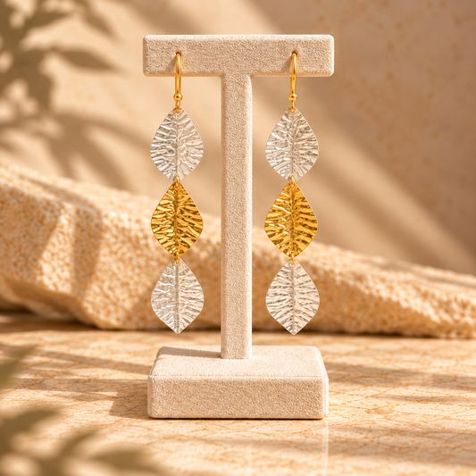 Pendientes TRES HOJAS bañados en oro y plata