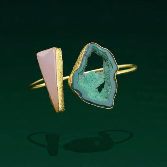Brazalete 2 piedras cuarzo ágata rosa verde bañado en oro